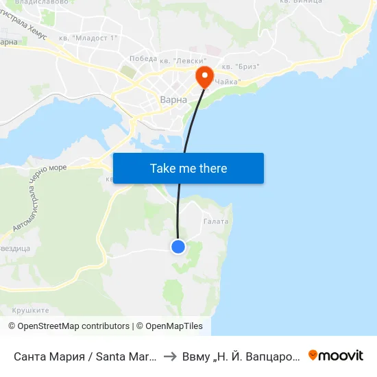 Санта Мария / Santa Maria to Ввму „Н. Й. Вапцаров“ map