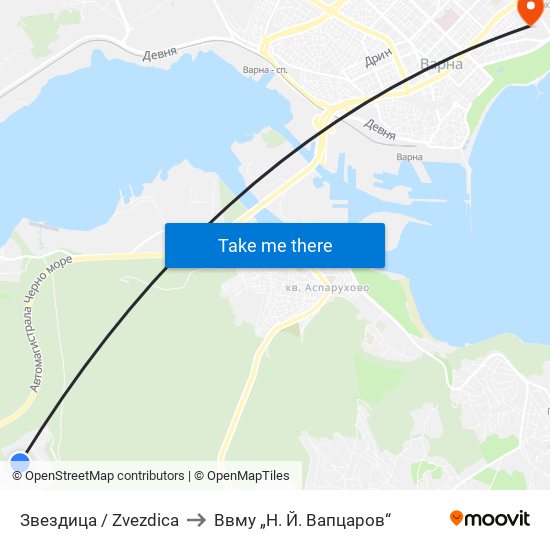 Звездица / Zvezdica to Ввму „Н. Й. Вапцаров“ map