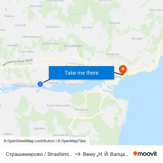 Страшимирово / Strashimirovo to Ввму „Н. Й. Вапцаров“ map