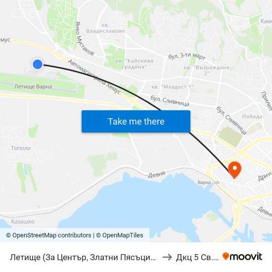 Летище  (За Център, Златни Пясъци) / Airport  (For Center, Golden Sands) to Дкц 5 Св. Екатерина map