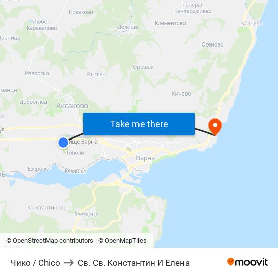 Чико / Chico to Св. Св. Константин И Елена map