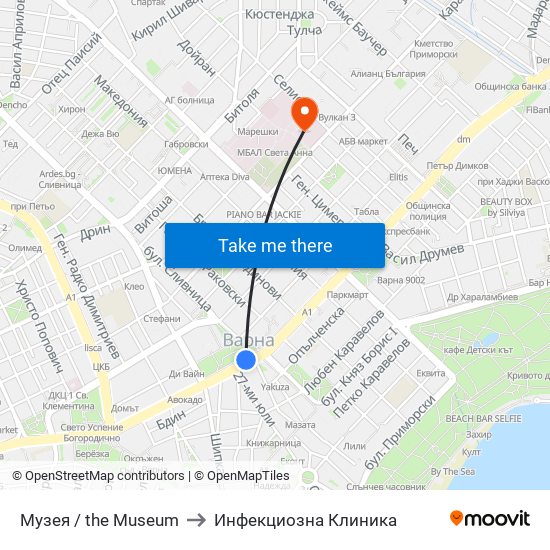 Музея / the Museum to Инфекциозна Клиника map