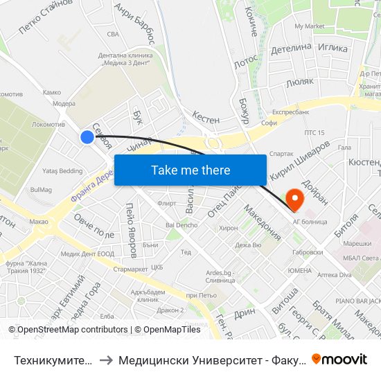 Техникумите / Tehnikumite to Медицински Университет - Факултет По Дентална Медицина map