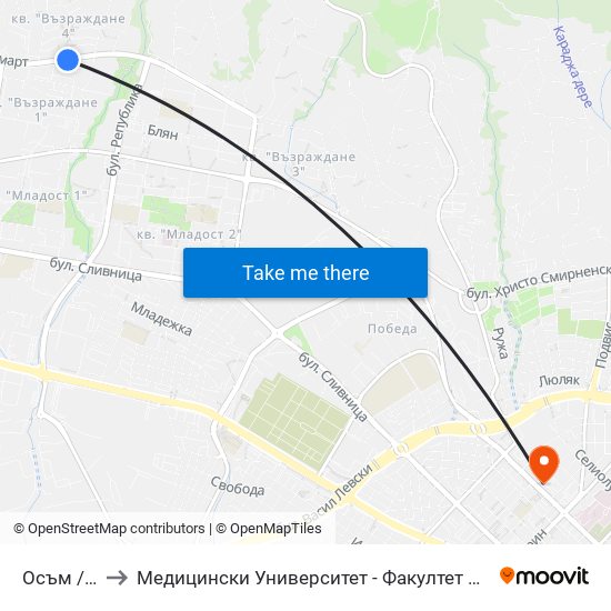 Осъм / Osam to Медицински Университет - Факултет По Дентална Медицина map