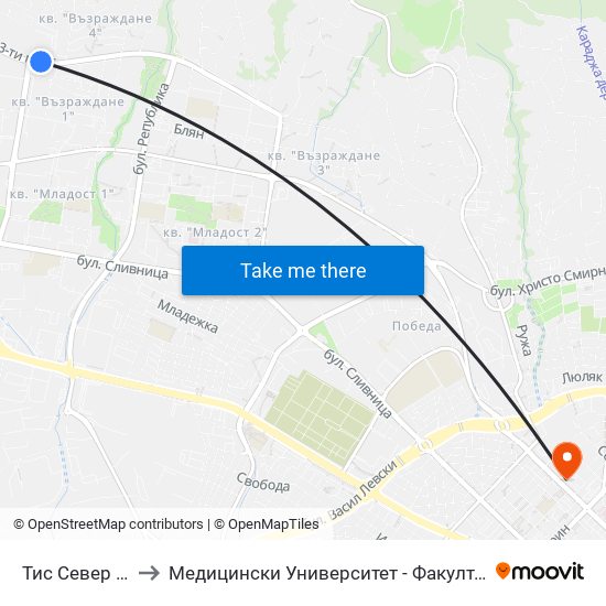 Тис Север / Tis North to Медицински Университет - Факултет По Дентална Медицина map