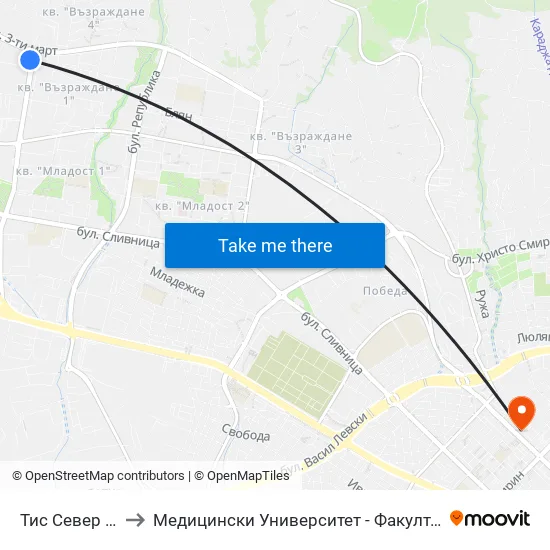 Тис Север / Tis North to Медицински Университет - Факултет По Дентална Медицина map