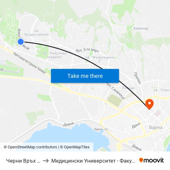 Черни Връх / Cherni Vrah to Медицински Университет - Факултет По Дентална Медицина map