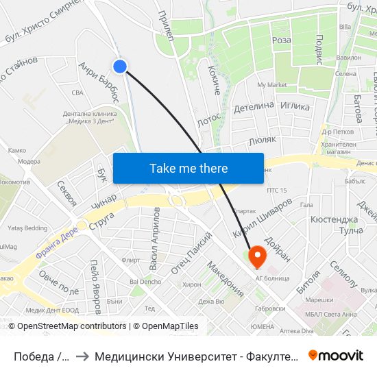 Победа / Pobeda to Медицински Университет - Факултет По Дентална Медицина map