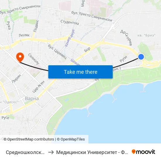 Средношколска / Srednoshkolska to Медицински Университет - Факултет По Дентална Медицина map