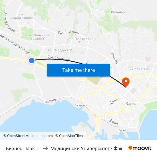 Бизнес Парк / Business Park to Медицински Университет - Факултет По Дентална Медицина map