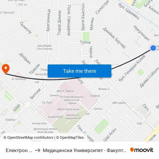 Електрон / Electron to Медицински Университет - Факултет По Дентална Медицина map