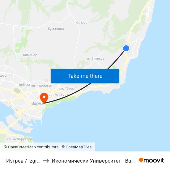 Изгрев / Izgrev to Икономически Университет - Варна map