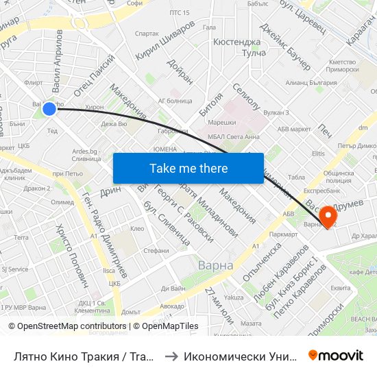 Лятно Кино Тракия / Trakiya Summer Cinema to Икономически Университет - Варна map
