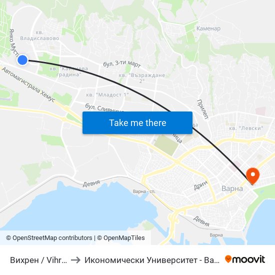 Вихрен / Vihren to Икономически Университет - Варна map