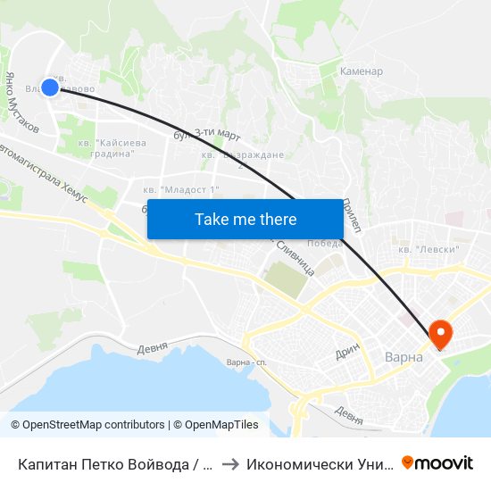 Капитан Петко Войвода / Captain Petko Voyvoda to Икономически Университет - Варна map