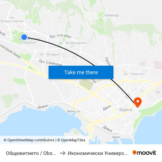 Общежитието / Obshtezhitieto to Икономически Университет - Варна map