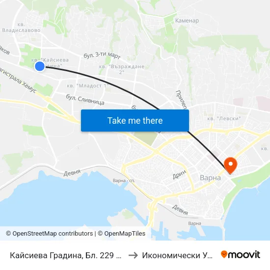 Кайсиева Градина, Бл. 229 / Kaysieva Gradina Qr, Bl. 229 to Икономически Университет - Варна map