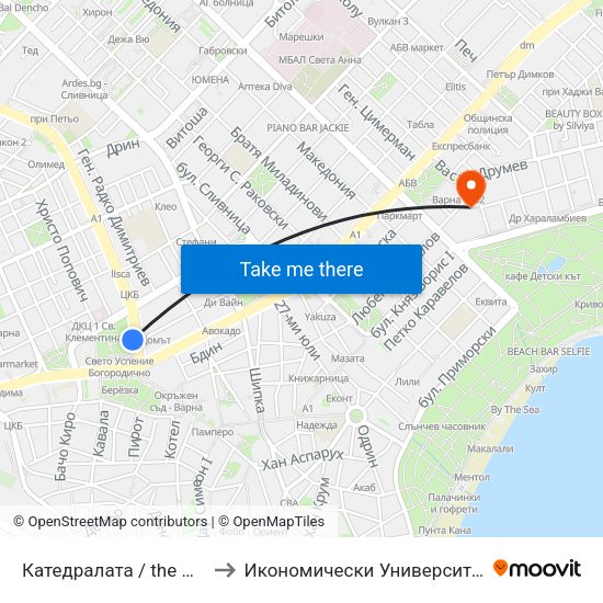 Катедралата / the Cathedral to Икономически Университет - Варна map