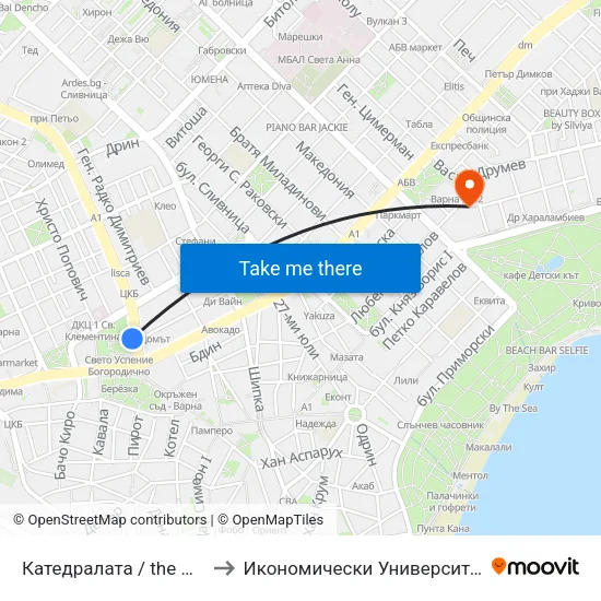 Катедралата / the Cathedral to Икономически Университет - Варна map