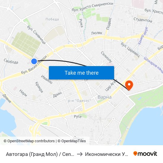Автогара (Гранд Мол) / Central Bus Station (Grand Mall) to Икономически Университет - Варна map