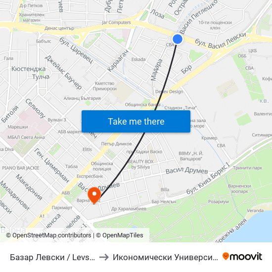 Базар Левски / Levski Market to Икономически Университет - Варна map