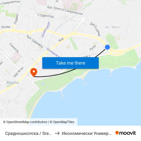 Средношколска / Srednoshkolska to Икономически Университет - Варна map