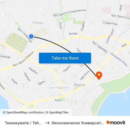 Техникумите / Tehnikumite to Икономически Университет - Варна map