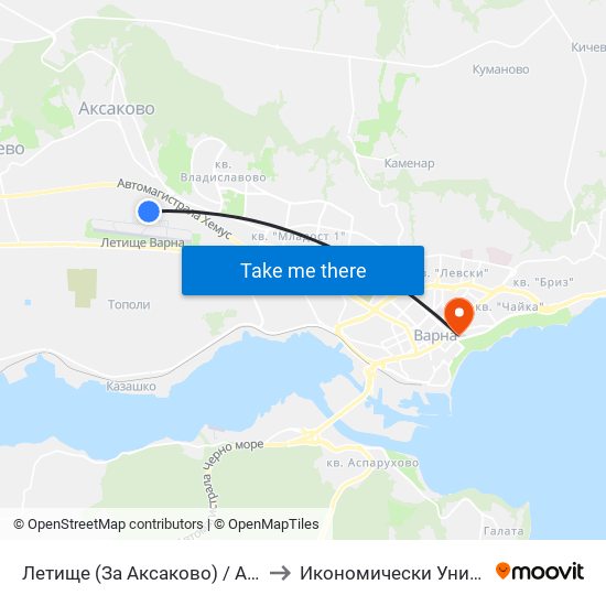 Летище  (За Аксаково) / Airport (For Aksakovo) to Икономически Университет - Варна map