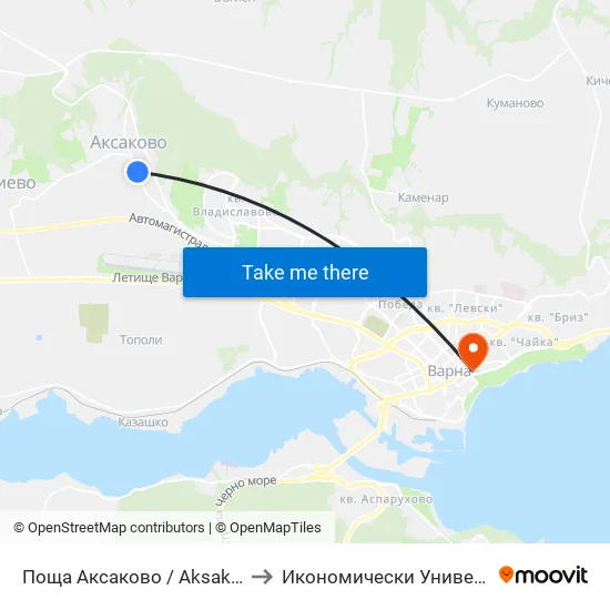 Поща Аксаково / Aksakovo Post Office to Икономически Университет - Варна map
