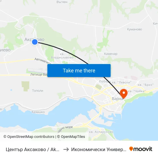 Център Аксаково / Aksakovo Center to Икономически Университет - Варна map
