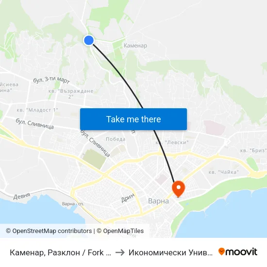 Каменар, Разклон / Fork Road For Kamenar to Икономически Университет - Варна map