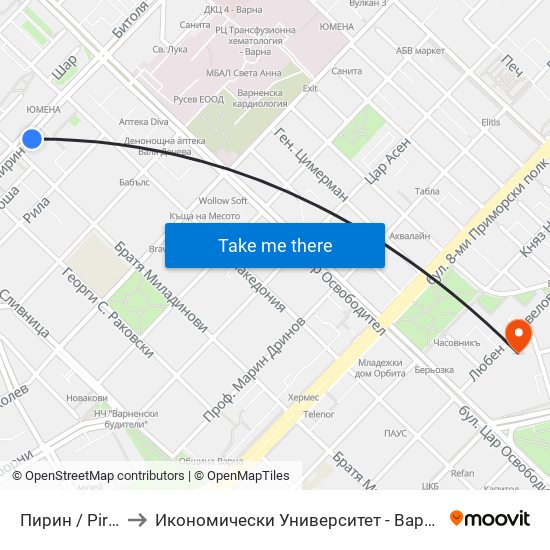 Пирин / Pirin to Икономически Университет - Варна map