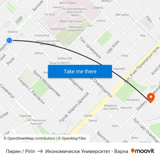 Пирин / Pirin to Икономически Университет - Варна map