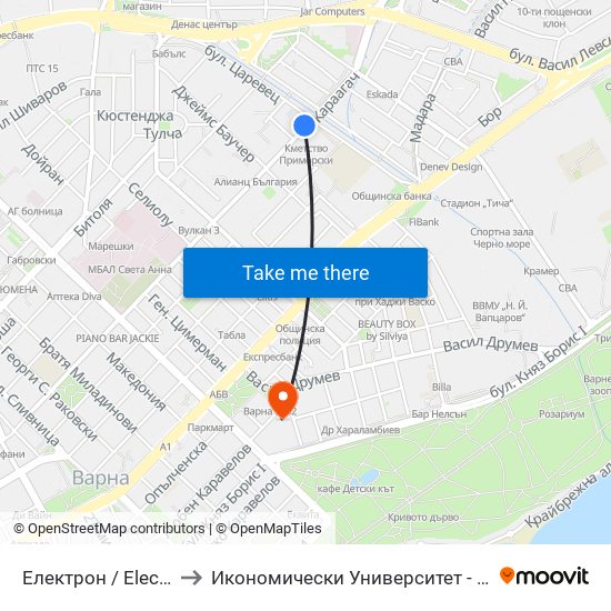 Електрон / Electron to Икономически Университет - Варна map