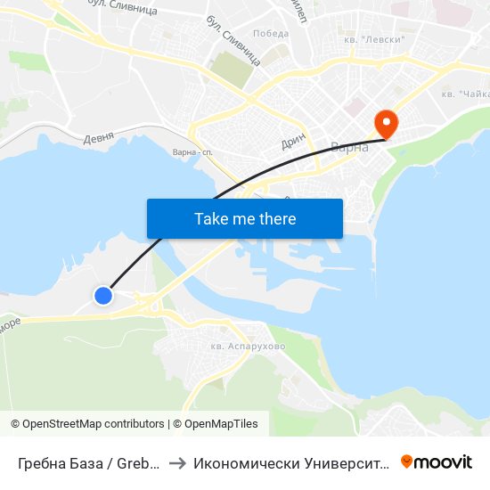 Гребна База / Grebna Baza to Икономически Университет - Варна map