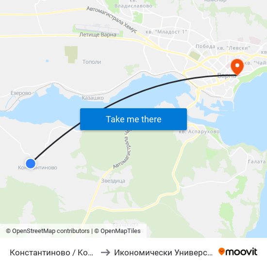 Константиново / Konstantinovo to Икономически Университет - Варна map