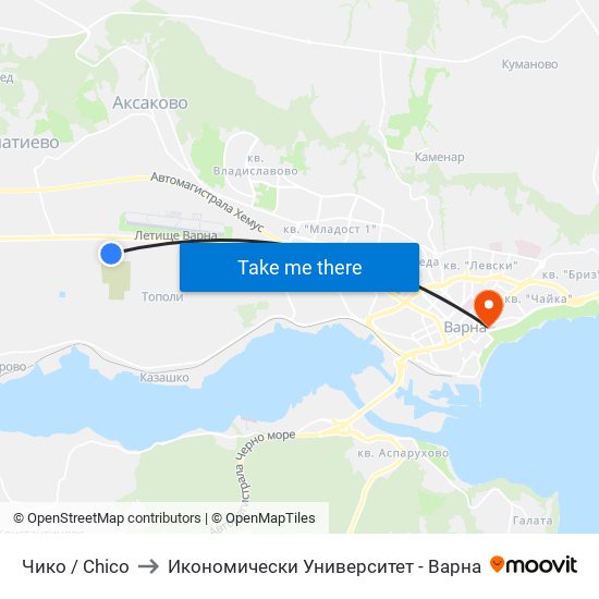 Чико / Chico to Икономически Университет - Варна map