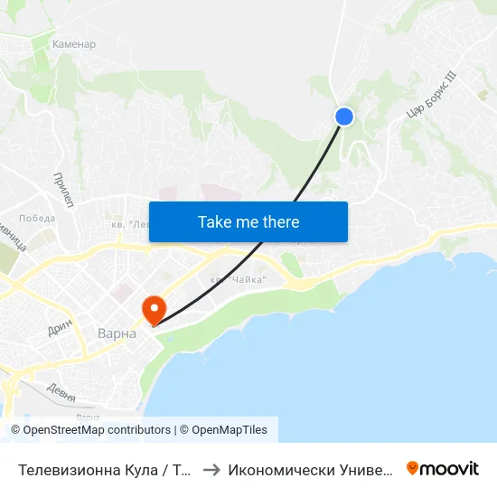 Телевизионна Кула / Television Tower to Икономически Университет - Варна map