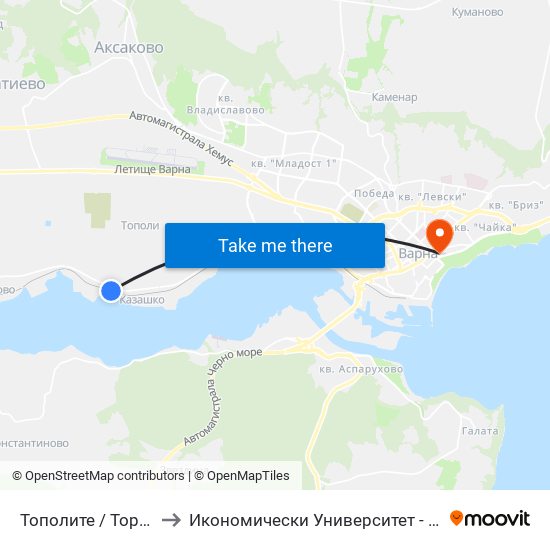 Тополите / Topolite to Икономически Университет - Варна map