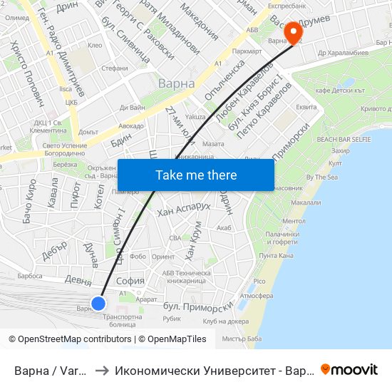 Варна / Varna to Икономически Университет - Варна map