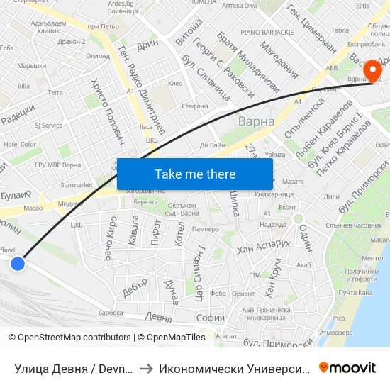 Улица Девня / Devnya Street to Икономически Университет - Варна map