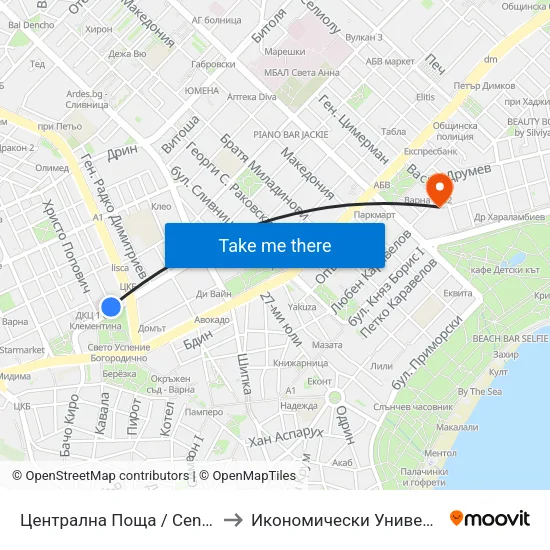 Централна Поща / Central Post Office to Икономически Университет - Варна map
