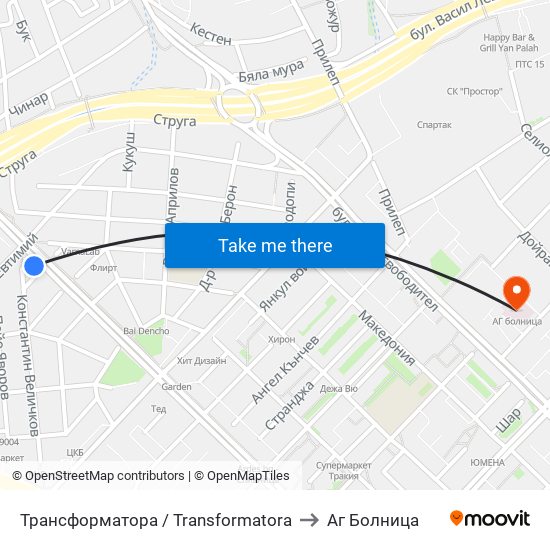 Трансформатора / Transformatora to Аг Болница map