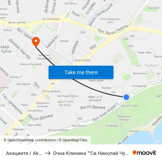 Акациите / Akatsiite to Очна Клиника ""Св.Николай Чудотворец"" map