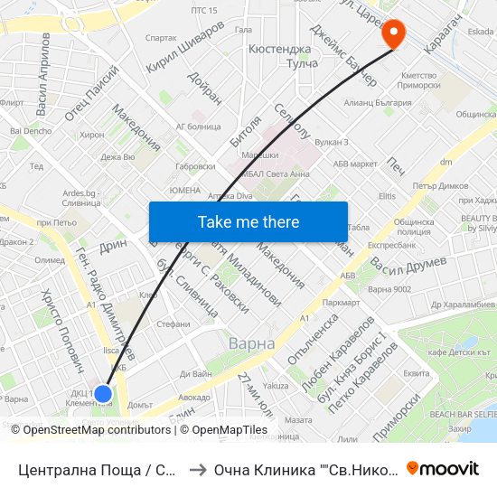 Централна Поща / Central Post Office to Очна Клиника ""Св.Николай Чудотворец"" map