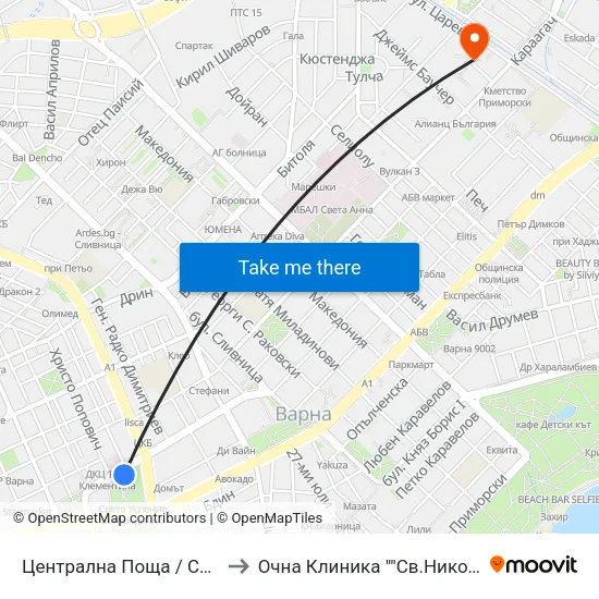 Централна Поща / Central Post Office to Очна Клиника ""Св.Николай Чудотворец"" map