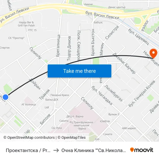Проектантска / Proektantska to Очна Клиника ""Св.Николай Чудотворец"" map