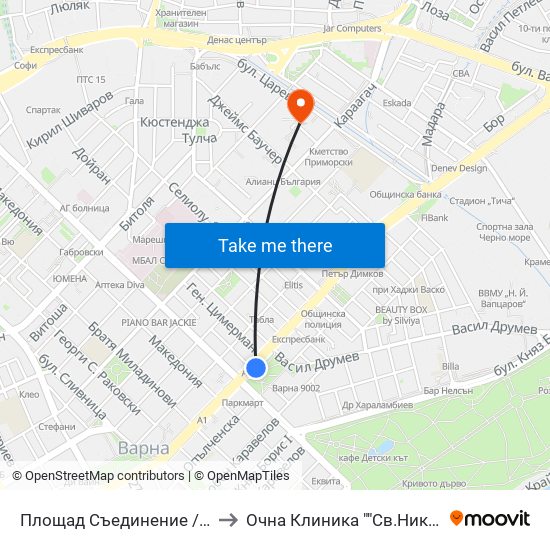 Площад Съединение / Square Saedinenie to Очна Клиника ""Св.Николай Чудотворец"" map