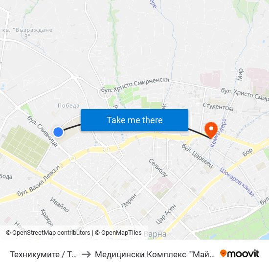 Техникумите / Tehnikumite to Медицински Комплекс ""Майчин Дом"" - Варна map