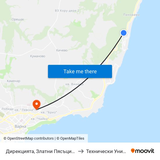 Дирекцията, Златни Пясъци / Directorate, Golden Sands to Технически Университет – Варна map